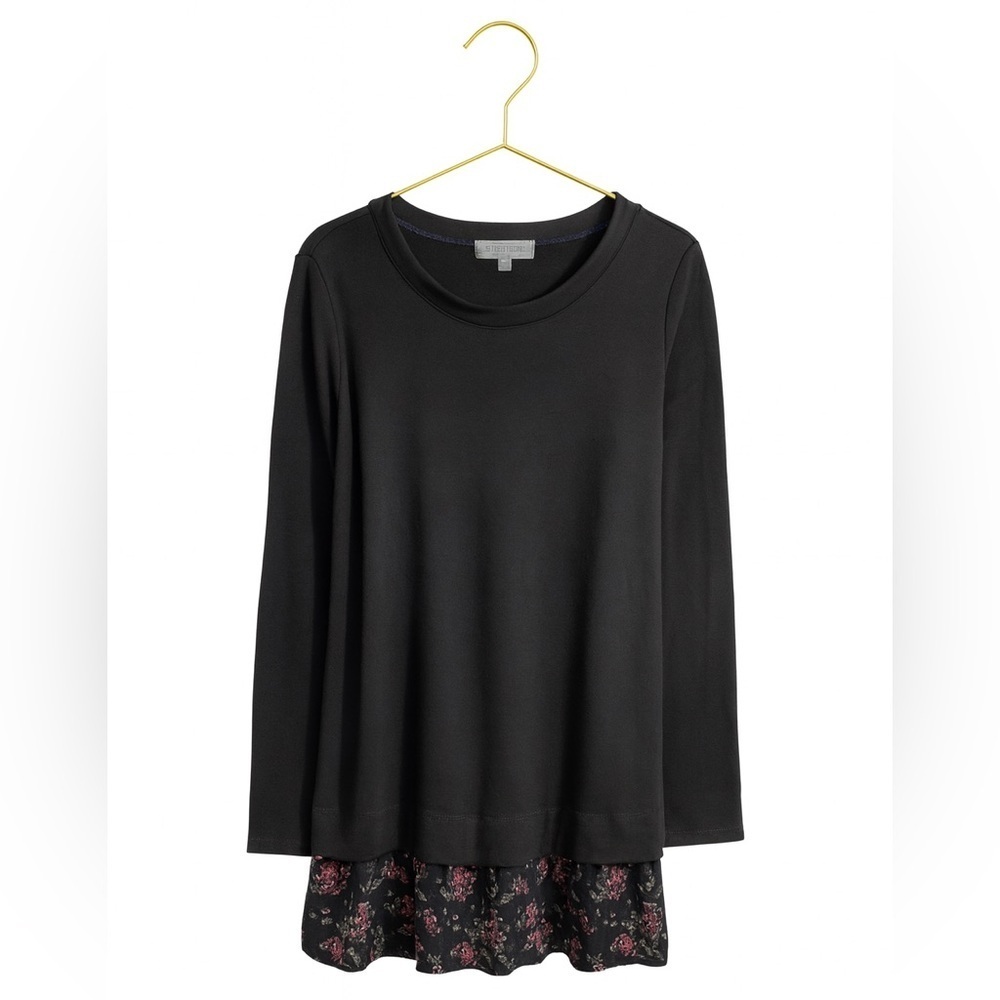 Love, Kuza Black shift dress with flowery pleated-hem. Size medium. Neve…